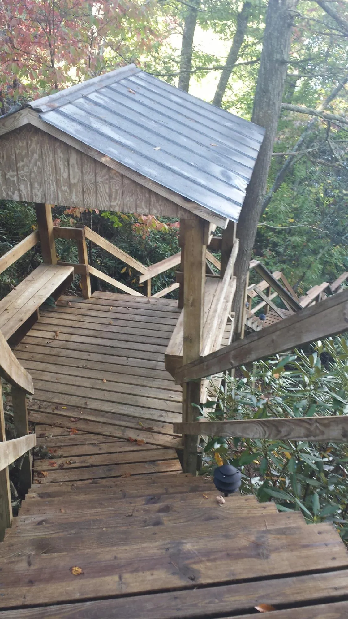 Metal roofed shelter over wooden steps on a wooded walkway — Skylight Repair & Installation work by our crew in Earling